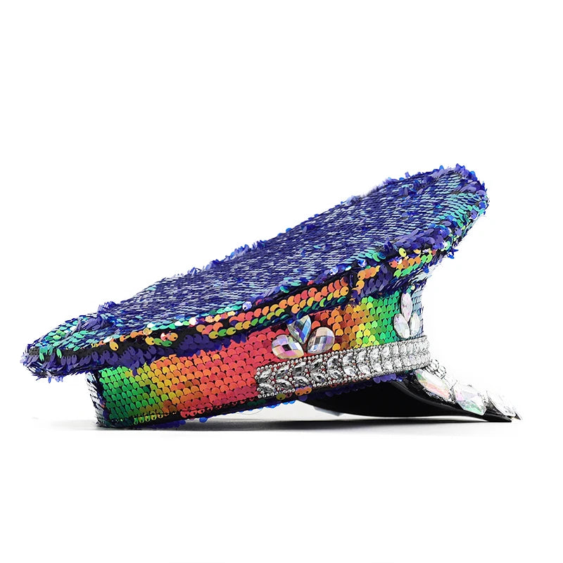 Stage Performance Bride Sergeant Hats For Women Handmade Luxury Rhinestone Hen Do Hat Sequin Burning Fashion Sailor Military Cap