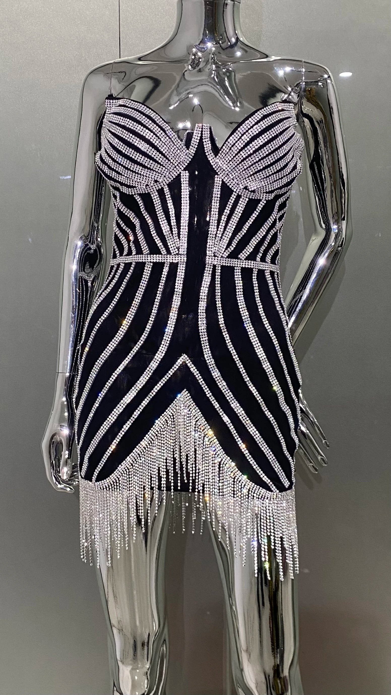 Luxury Shining Diamonds Tassel Strapless Mini Dress Celebrity Birthday Party Evening Dress Stage Performance Costume