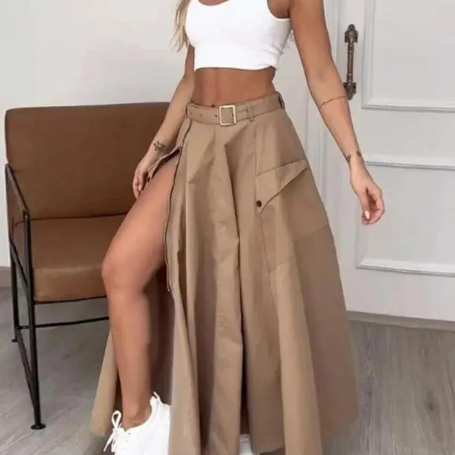 CM.YAYA Women Fashion Pocket Front Zipper Slit Slim High Waist Maxi Skirt Streetwear Casual Safari Solid Long Skirts Khaki