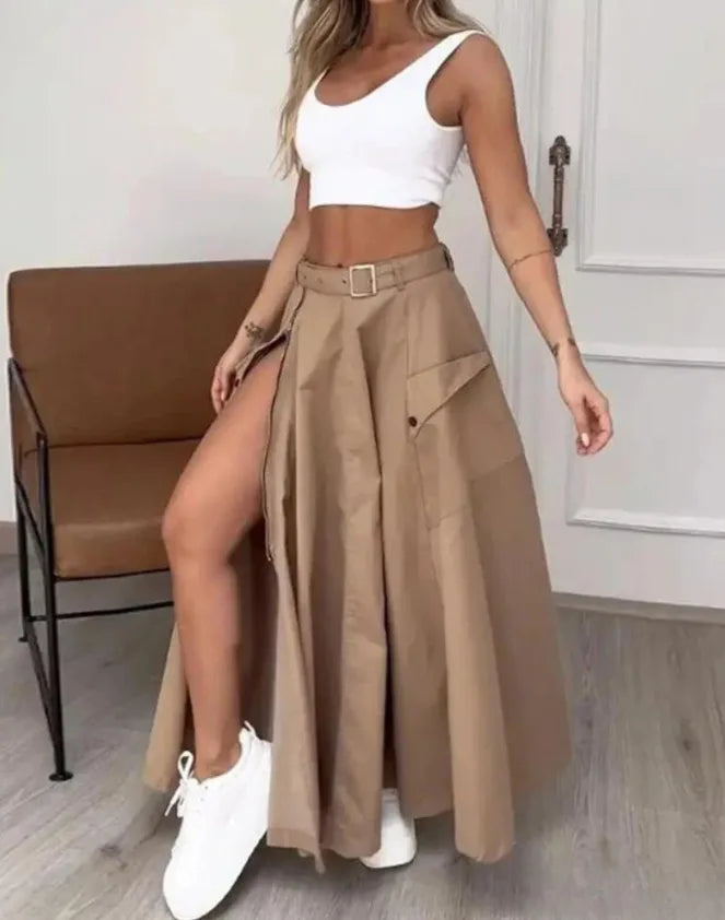 CM.YAYA Women Fashion Pocket Front Zipper Slit Slim High Waist Maxi Skirt Streetwear Casual Safari Solid Long Skirts Khaki