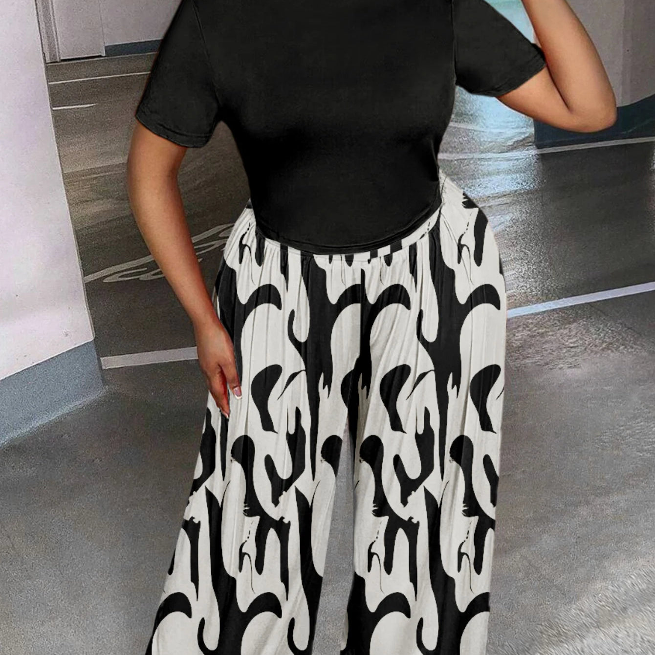 LW Plus Size Two pieces sets Round Neck Print Wide Leg Pants Set short sleeve T-shirt + loose pants suit casual women's matching