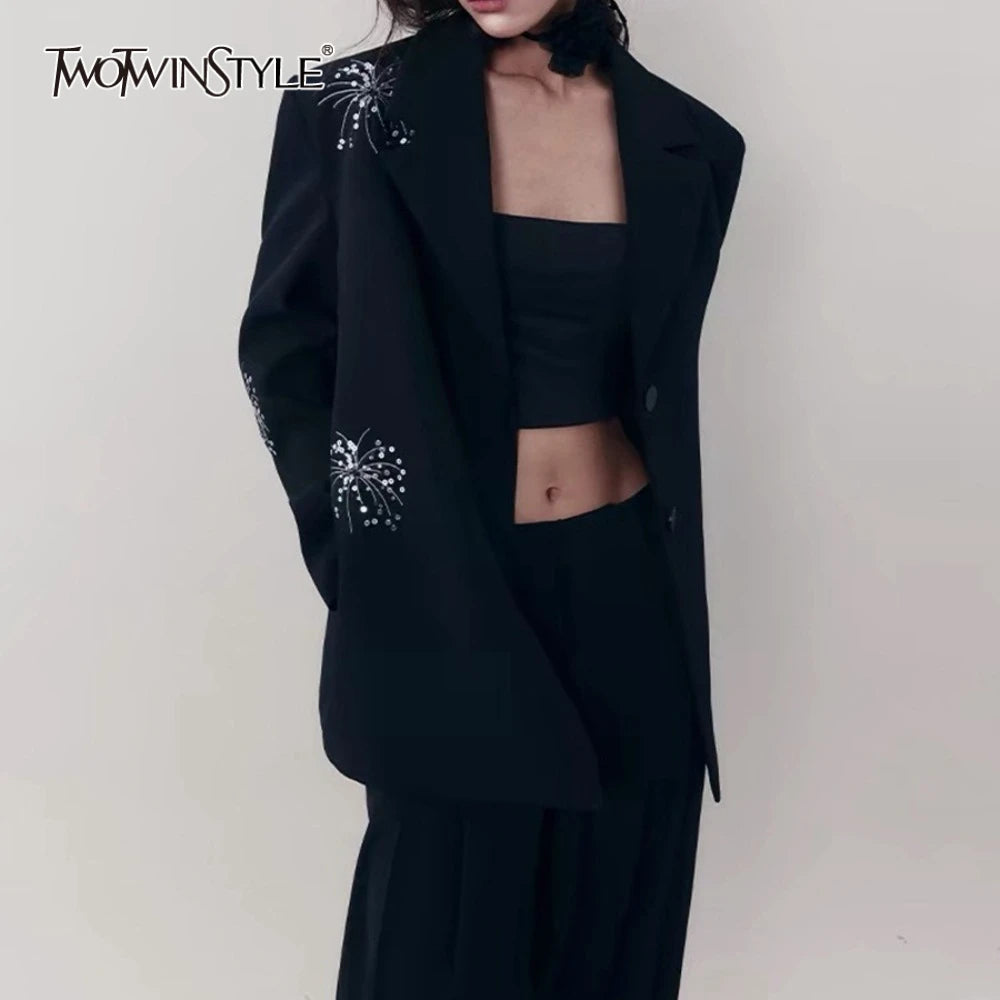 TWOTWINSTYLE Solid Spliced Sequin Elegant jackets for Women Lapel Long Sleeves Patchwork Single Breasted Casual jacket Female