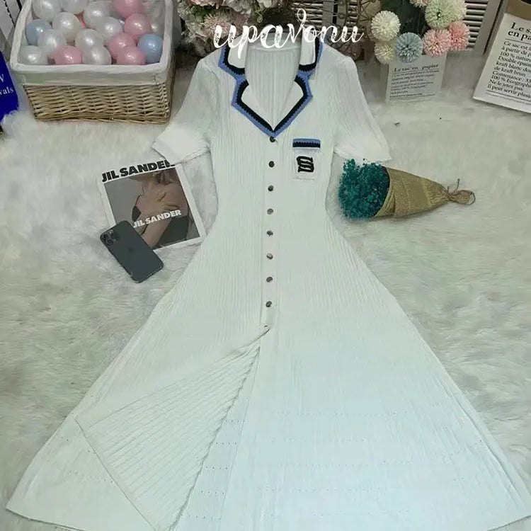 Elegant Women's Slim Fit Knitted Dress Fashionable Polo Neck Short Sleeve Single breasted Design Split Knitted Mid length Dress