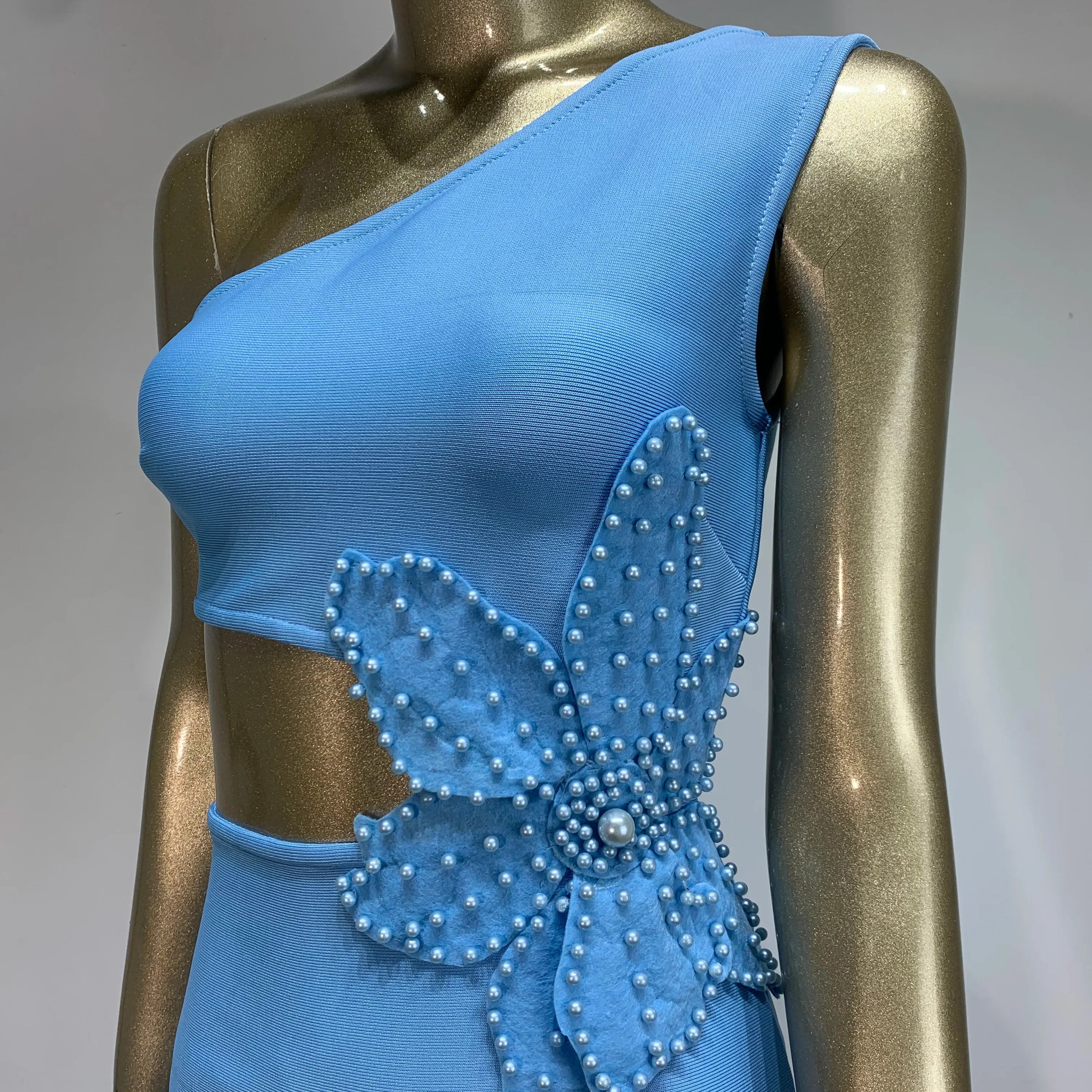 Vestido bandagem feminino celebridade sexy um ombro recortado azul celeste flor midi bodycon elegante vestido de festa para noite