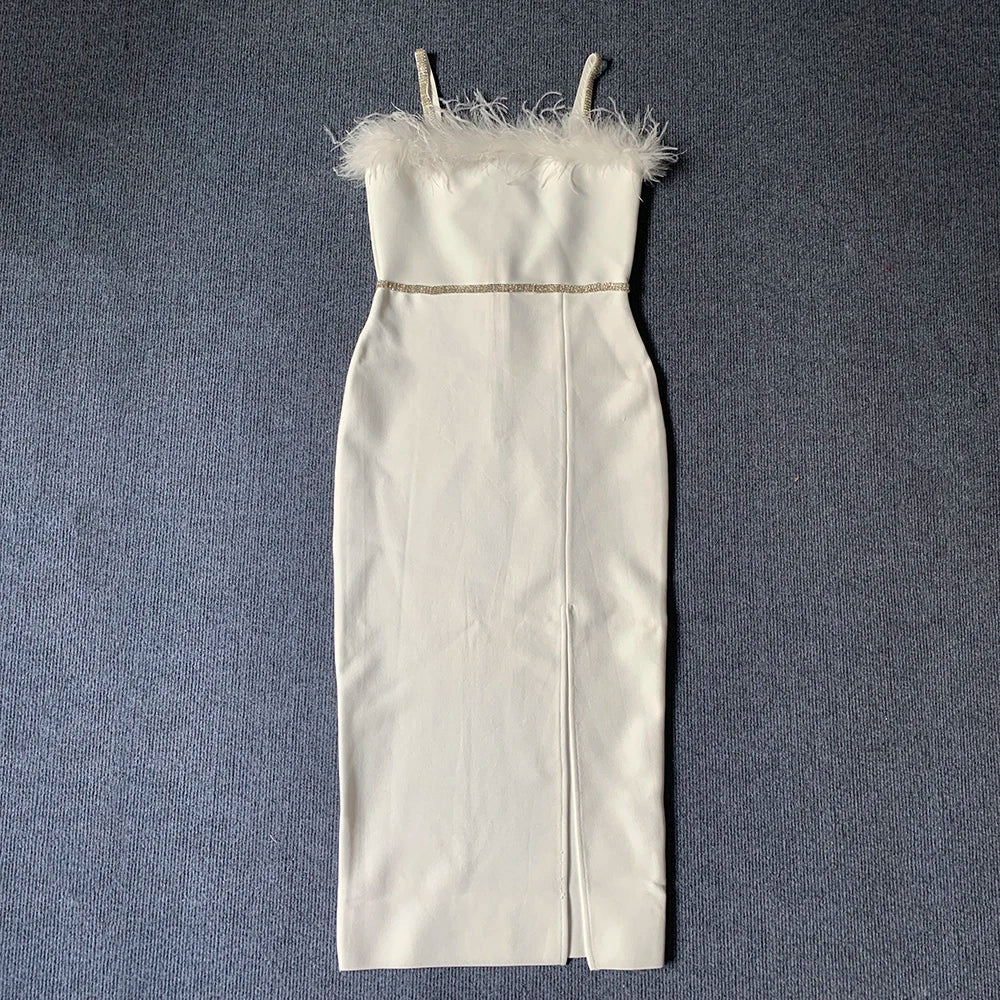 Sexy Beading Bandages Dress Women Black Feathers Elegant Clothing Celebrity Party Club Bodycon Midi Dresses WHITE