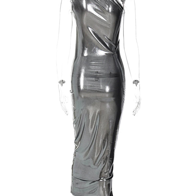 Faux Leather Sleeveless One Shoulder Long Dress For Women Bodycon Sexy Streetwear Party Club Outfits Summer Clothes