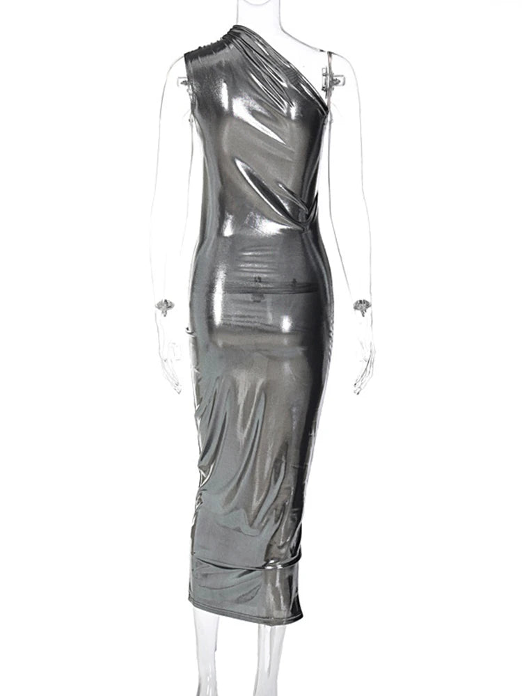 Faux Leather Sleeveless One Shoulder Long Dress For Women Bodycon Sexy Streetwear Party Club Outfits Summer Clothes