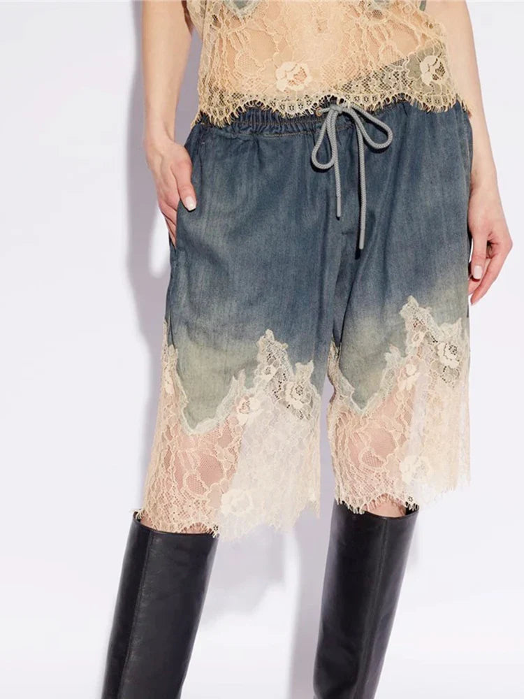 Spliced Lace Denim Two Piece Set For Women V Neck Sleevelss Top High Waist Knee Length Pant Streetwear Sets Female