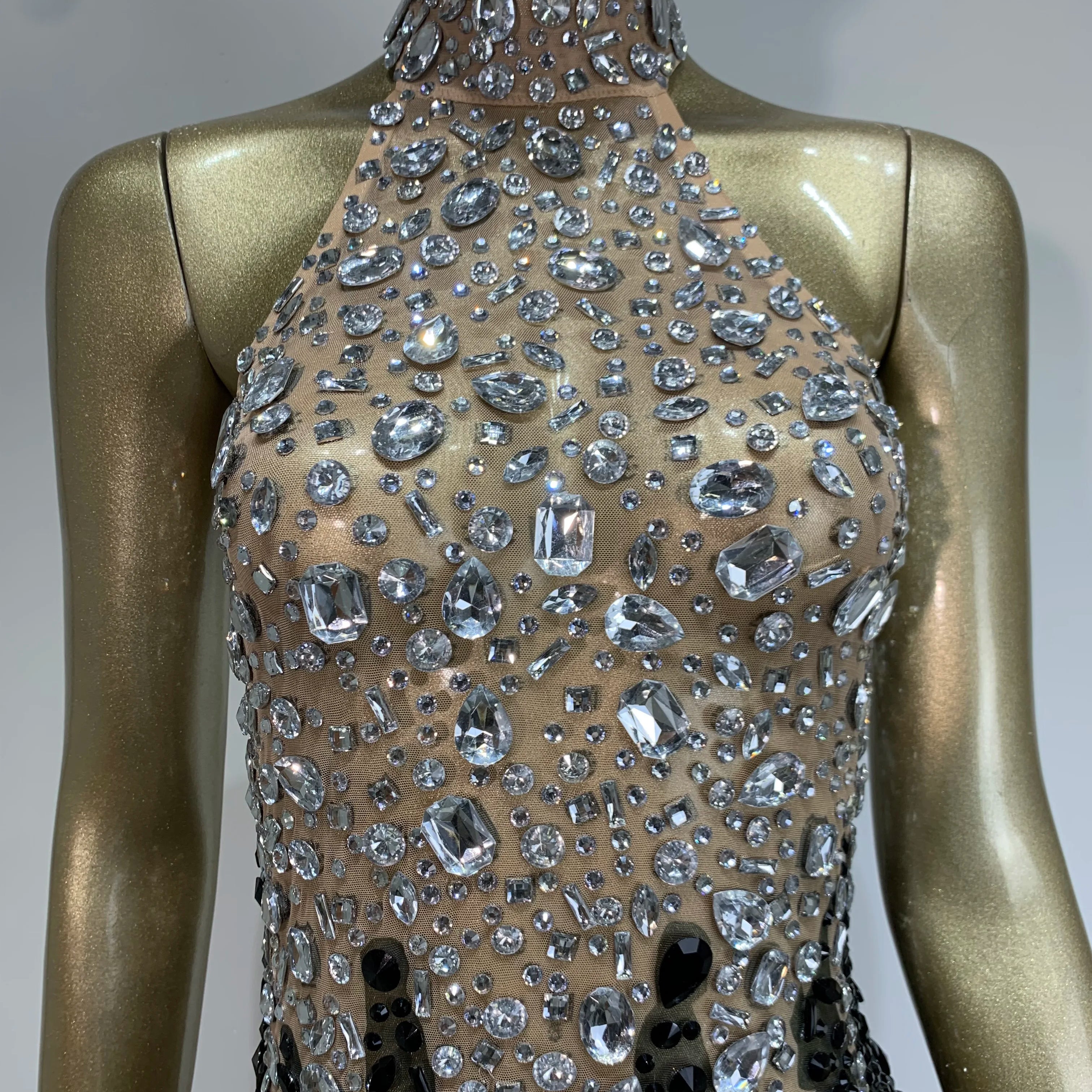 Women Sexy Backless Halter Crystal Diamonds Patchwork Mini Dress Birthday Party Costume Bar Nightclub Stage Performance Dress