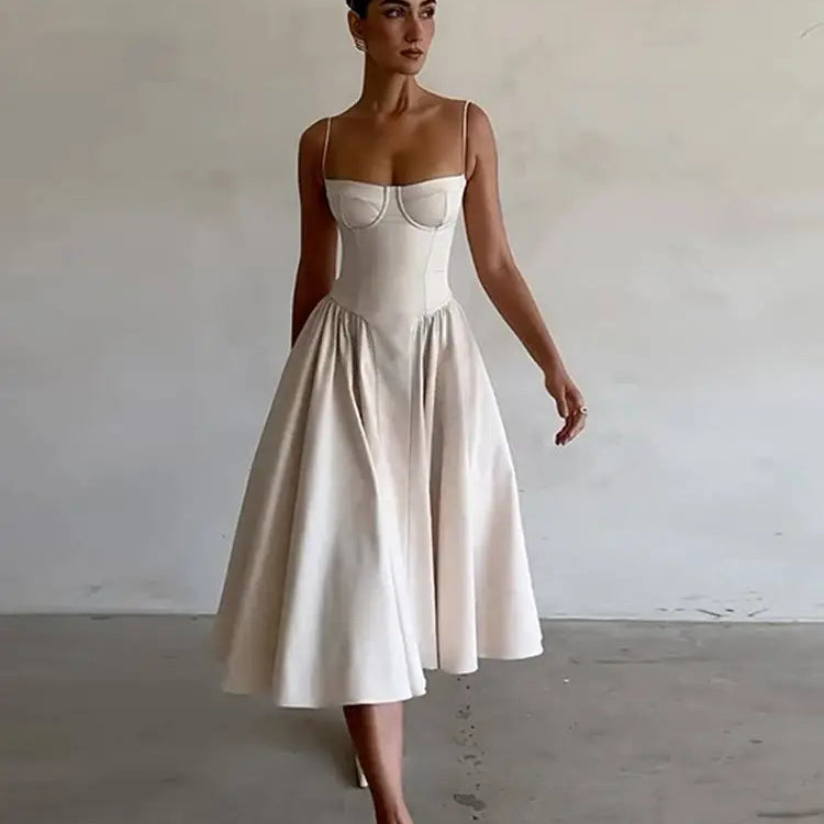 Women Sexy Solid Sling Midi Dress Fashion Sleeveless Backless Pleated Hem Dresses Summer Female Party Evening A-line Robes