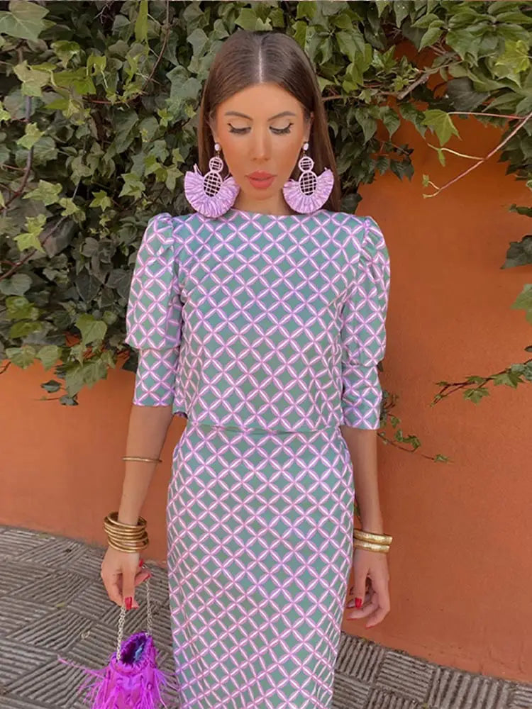 Women Plaid Printed Split Back Midi Skirt Set Fashion O-neck Long Sleeve Cropped Top Suit Lady Elegant Office Outfits