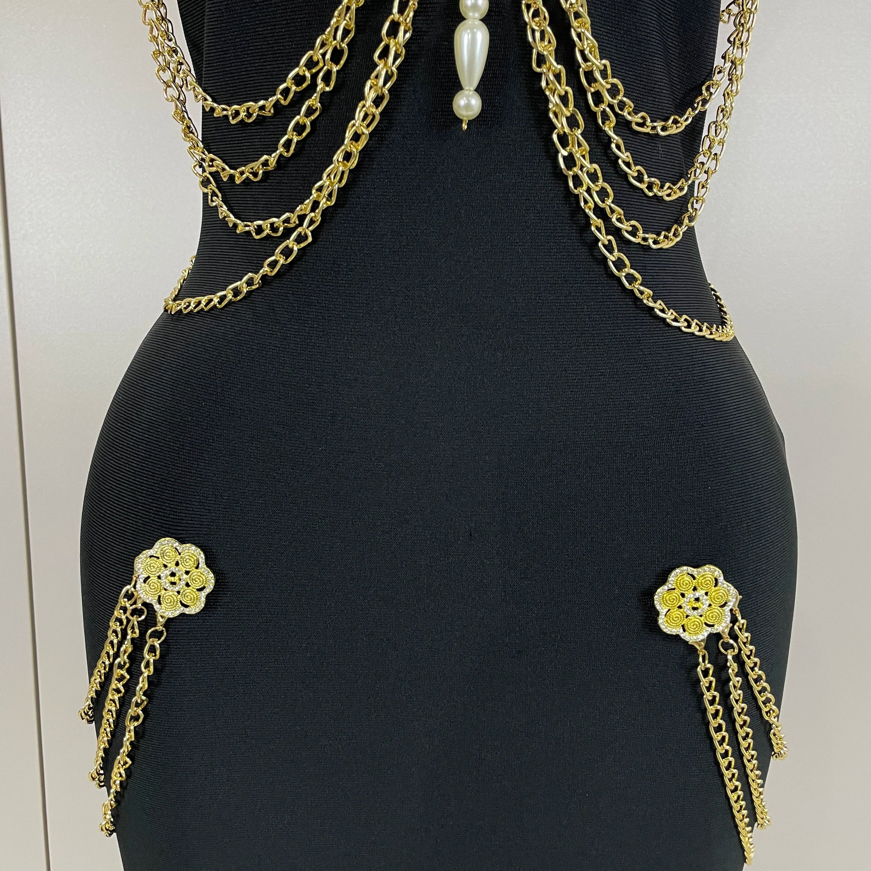 2025New High Quality New Black Chain Spaghetti Strap V-Neck Split Bandage Dress Bodycon Celebrity Club Party Long Dress Vestidos