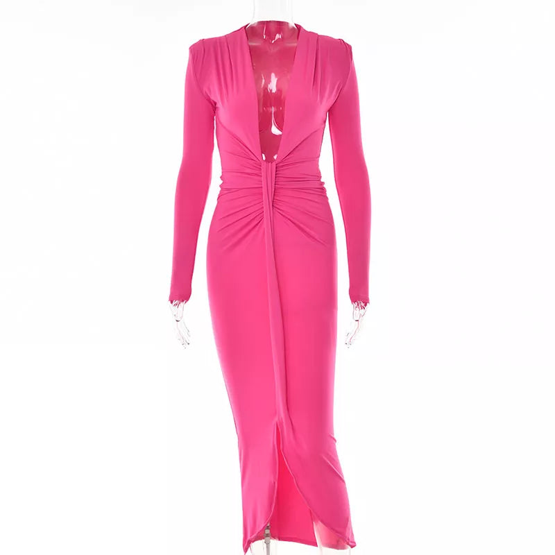 Elegant Pleated Casual Bodycon Long Dress Autumn Winter Women Slim Evening Party Robe Sexy Bandage Ladies Dress Rose