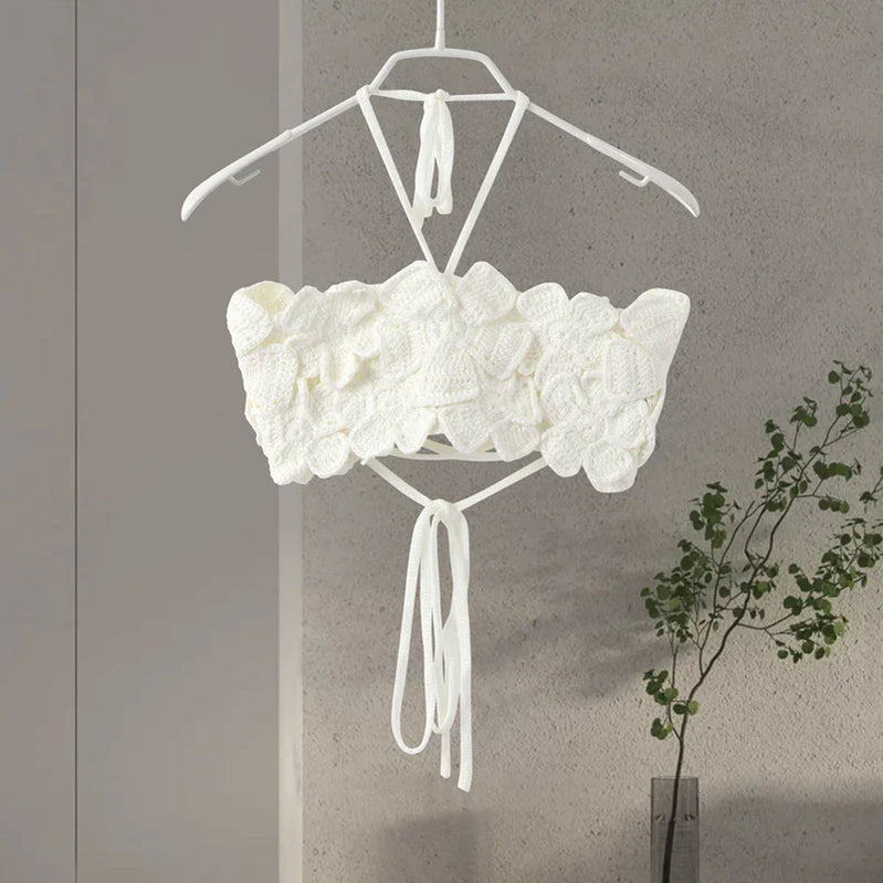 Sexy 3D Floral Knit Crop Top Women Fashion Sleeveless Backless Bandage Halter Tank Female Summer Lady Solid Streetwear white