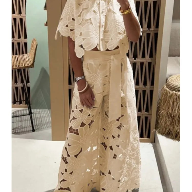 Sexy Lapel Single-breasted Shirt Top + Wide-leg Pants 2-piece Set Women Fashion Solid Color Elegant Casual Hollow Suit Female