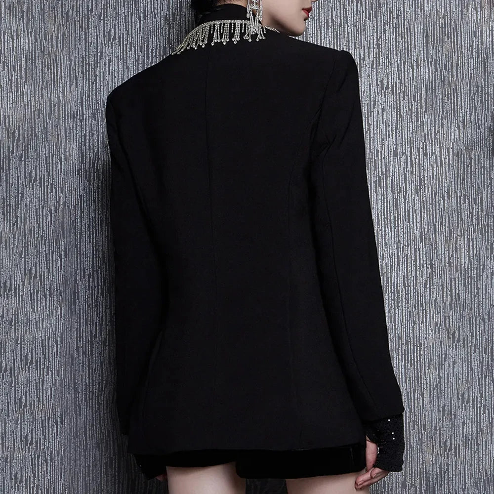 TWOTWINSTYLE Solid Spliced Tassels Elegant Jackets for Women Lapel Long Sleeve Patchwork Double Breasted Blazer Demale Clothing