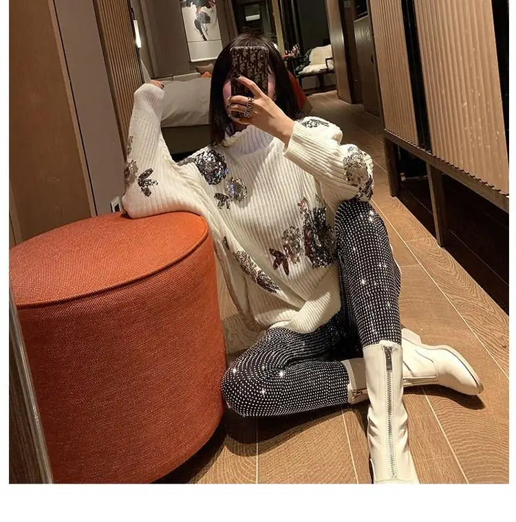 Autumn Shiny Drilling Slim Tight Pencil Pants Diamonds Beaded Shining Slim Fit Elastic Rhinestones Leggings Crystal Trousers