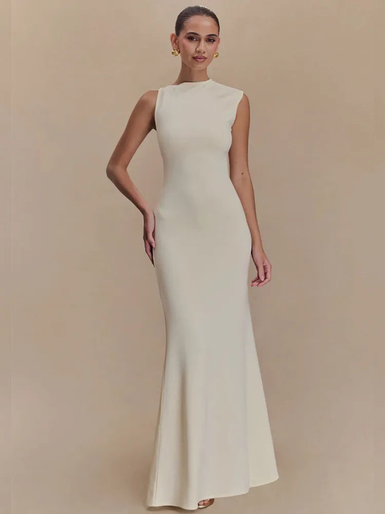 Ladies Women Sexy O Neck Tank Beige Black Maxi Long Celebrity Bodycon Bandage Dress 2025 Elegant Evening Club Party Dress