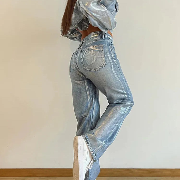 Metallic High Waist Straight Jeans Women Autumn New Printing Loose Wide Leg Denim Pants Streetwear Harajuku Vintage