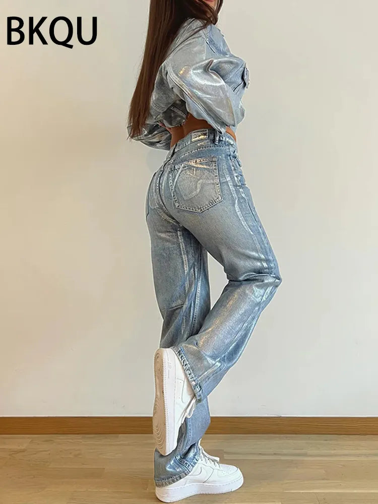Metallic High Waist Straight Jeans Women Autumn New Printing Loose Wide Leg Denim Pants Streetwear Harajuku Vintage