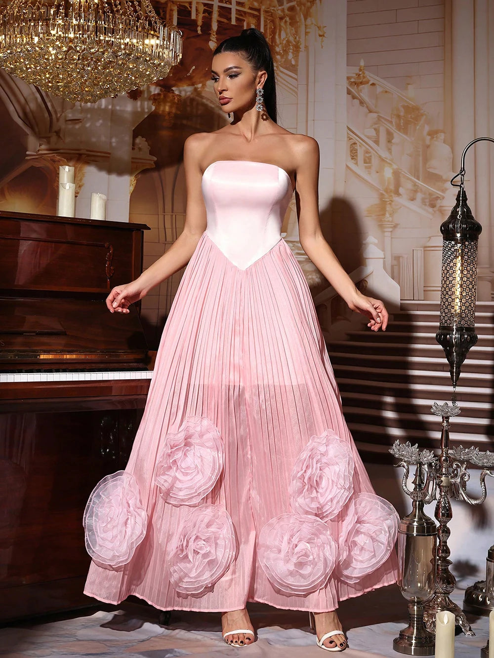 Strapless Flower Maxi Dress Women Elegant Sleeveless Backless Pleated Party Dresses Female 2025 Summer Sexy Lady Evening Vestido