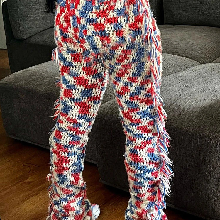 Weird Puss Knit Colorful Plaid Pants Women Fall Trend Skinny Stretch Side Furry Casual Trousers Wild Hipster Streetwear Bottoms Red