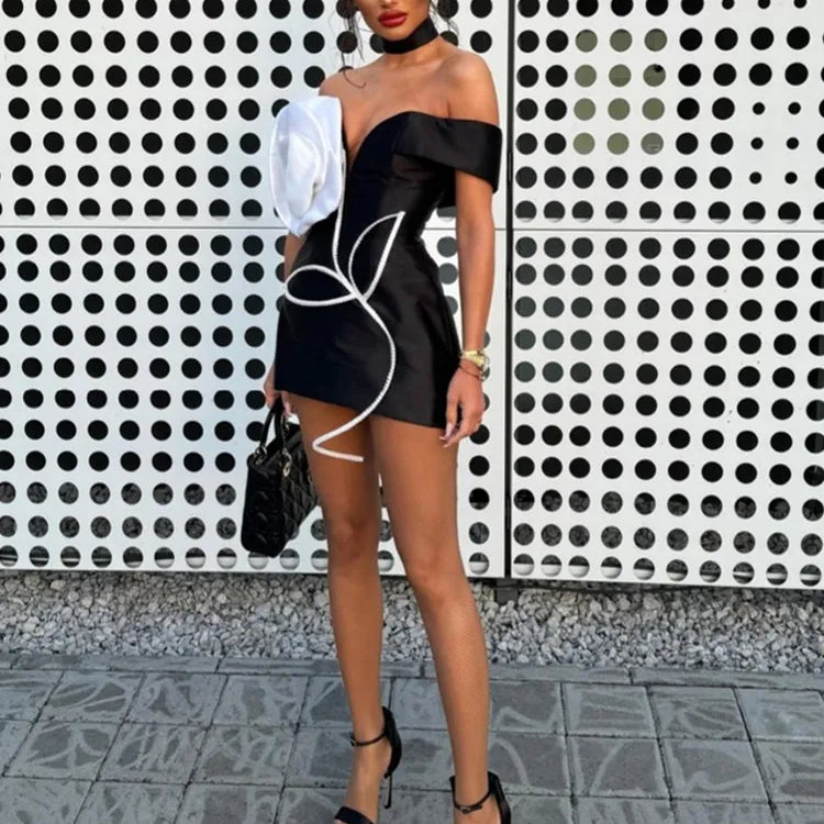 Women Celebrity Sexy Off Shoulder White Flower Black Mini Bodycon Bandage Dress Elegant Evening Club Party Dress