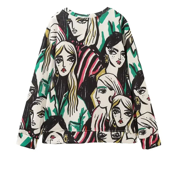 Women Fashion Girl Print Sweatshirt Vintage O Neck Long Sleeve Female Pullovers Chic Tops