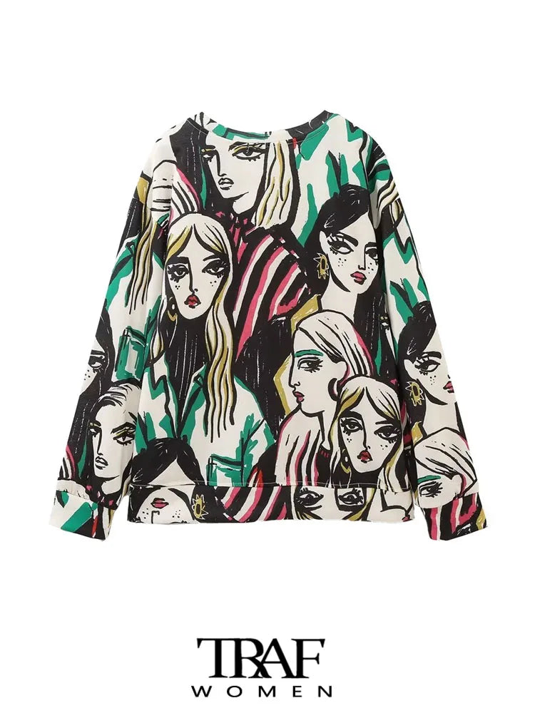 Women Fashion Girl Print Sweatshirt Vintage O Neck Long Sleeve Female Pullovers Chic Tops
