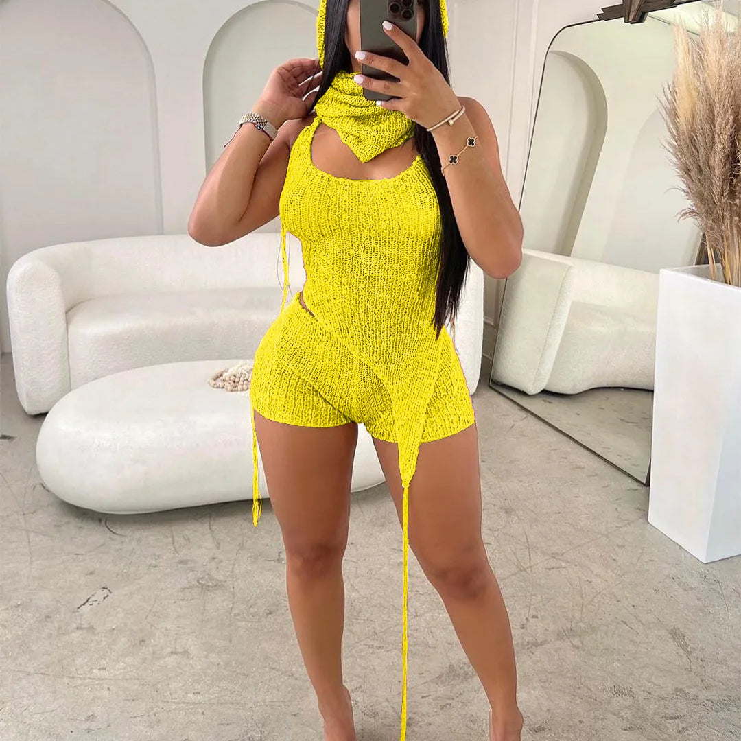 CM.YAYA Knit Ribbed Women's Set Halter Neck Backless Crop Top with Hat Shorts Suit 2023 Summer Two 2 Piece Set Outfit Tracksuit