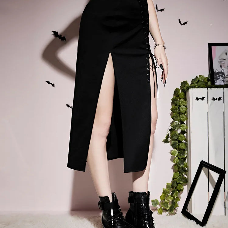 Goth Dark Grunge Bandage High Split Sexy Midi Skirts Mall Gothic Techwear Irregular Eyelet Long Skirt For Women Black Partywear