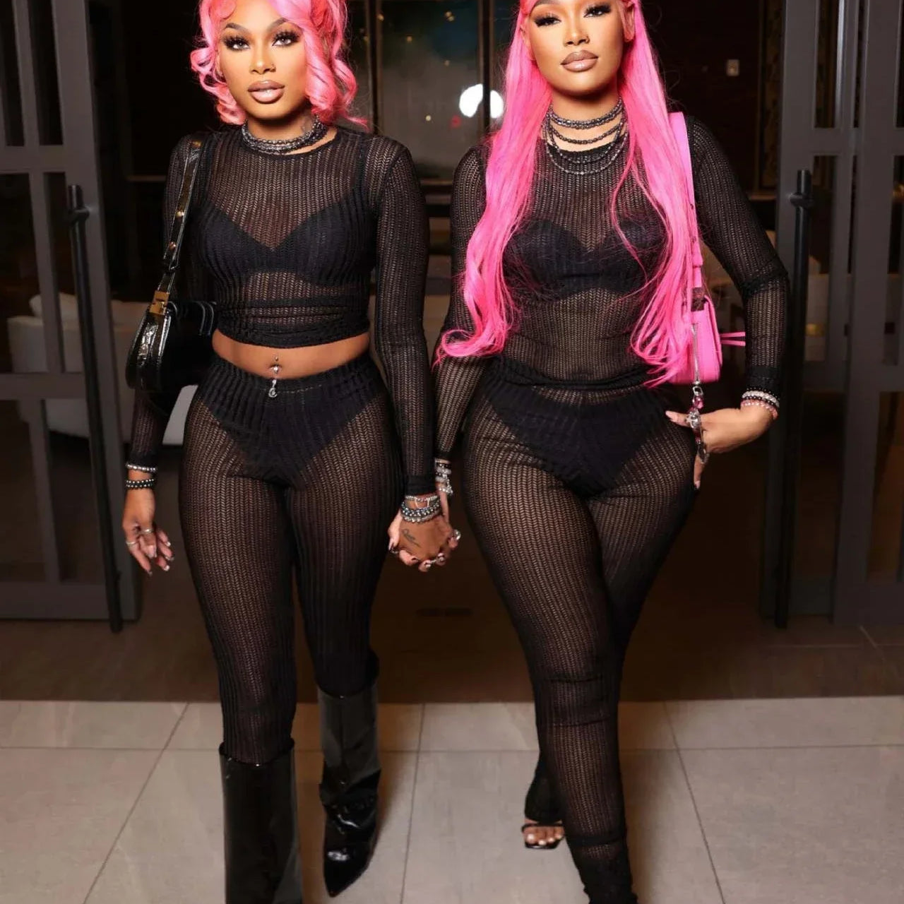 CM.YAYA Fashion See Though Women's Set Long Sleeve T-shirt and Flare Pants 2024 Active Street Two 2 Piece Sets Outfits Tracksuit