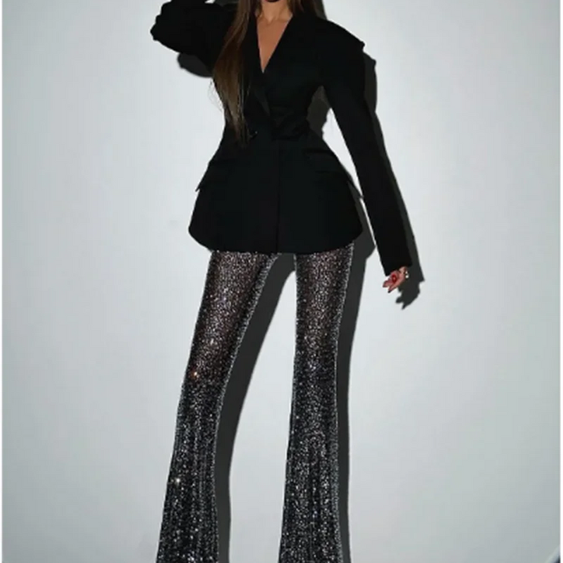 New Stylish Woman Oversize Suit Coat And Shining Diamonds Mesh Pants 2 Pieces Set Fashion Woman High Street Wear Party Outfit