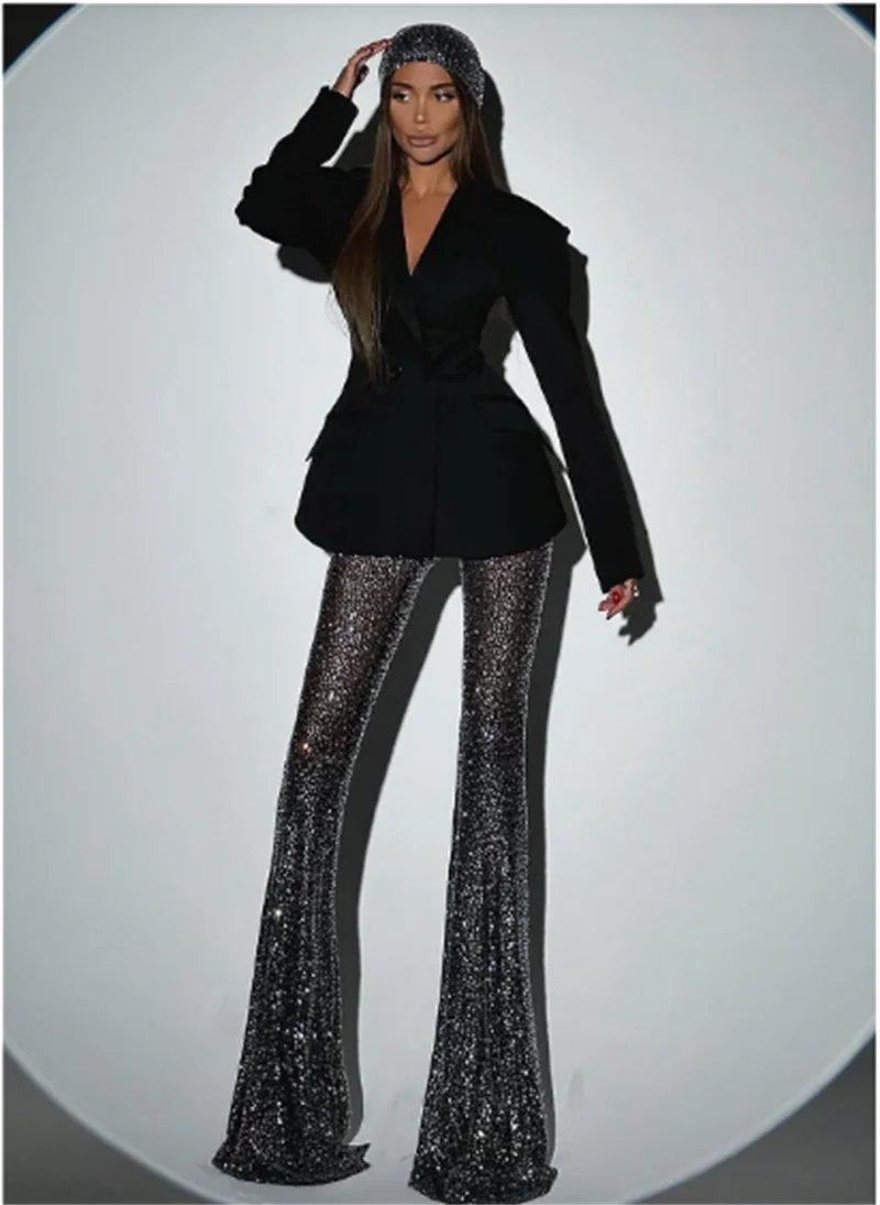 New Stylish Woman Oversize Suit Coat And Shining Diamonds Mesh Pants 2 Pieces Set Fashion Woman High Street Wear Party Outfit