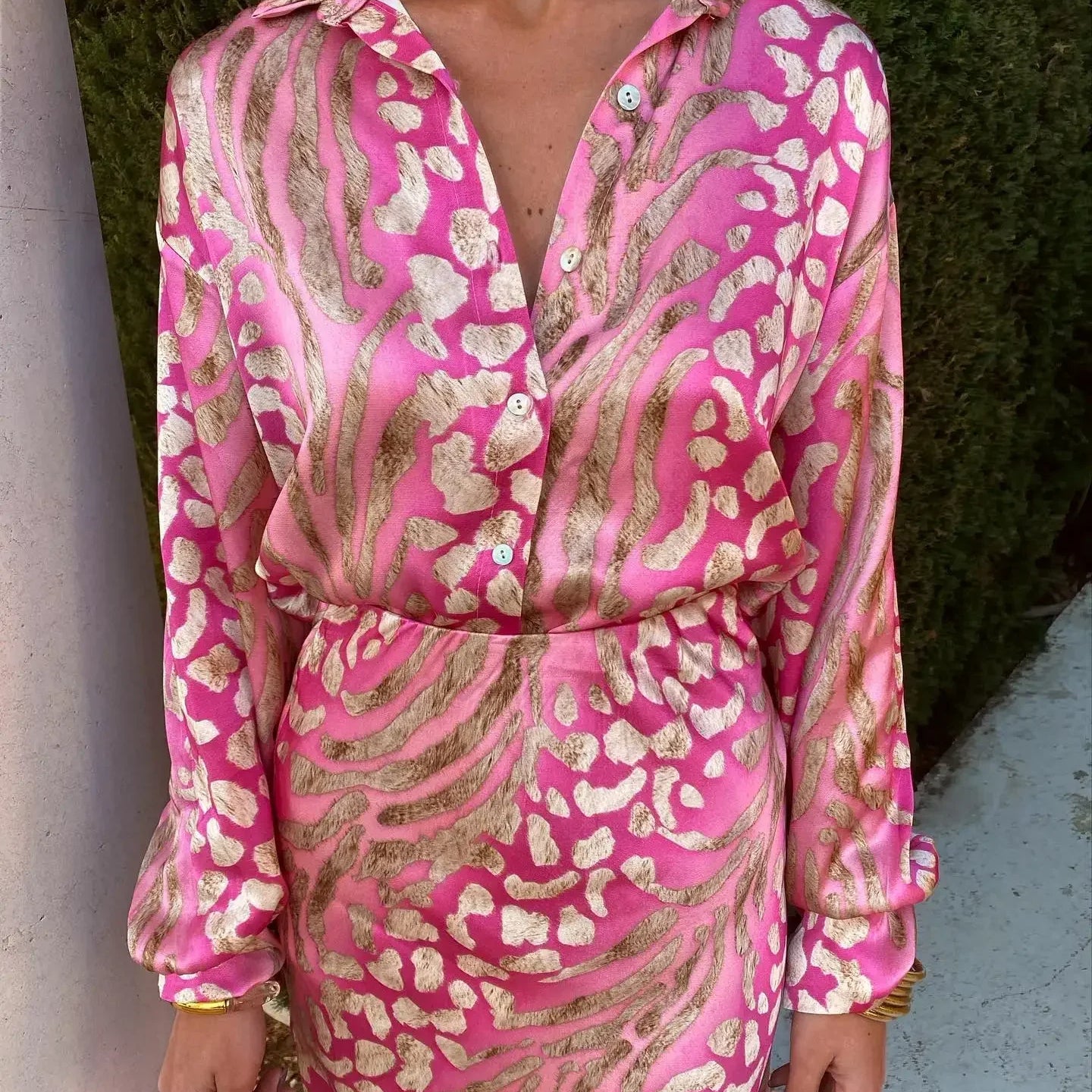 Elegant Printed Shirts Skirts Sets For Women Fashion Lapel Sleeves High Waist 2-piece Suits Summer Lady High Streetwears Pink Shirt