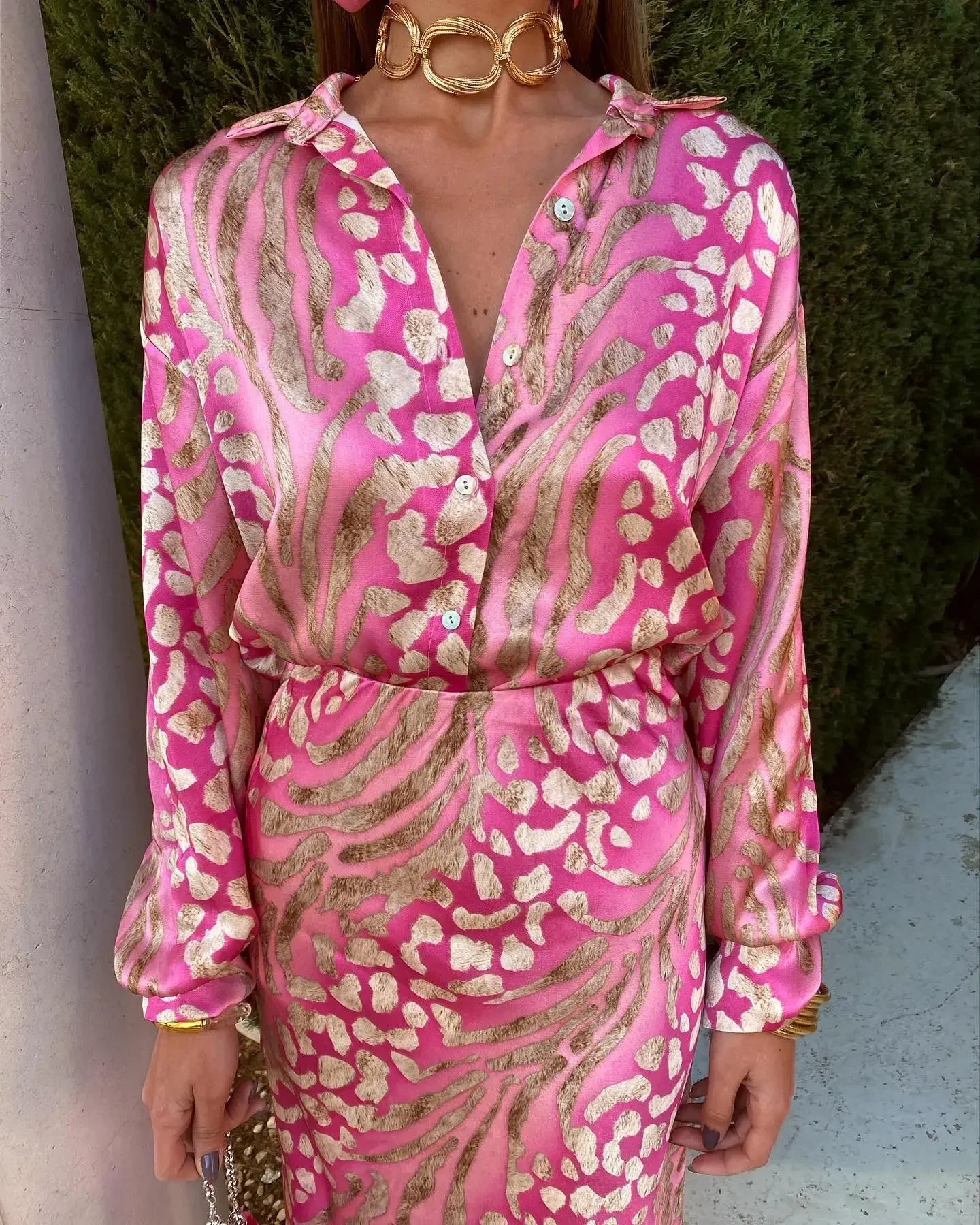 Elegant Printed Shirts Skirts Sets For Women Fashion Lapel Sleeves High Waist 2-piece Suits Summer Lady High Streetwears Pink Shirt