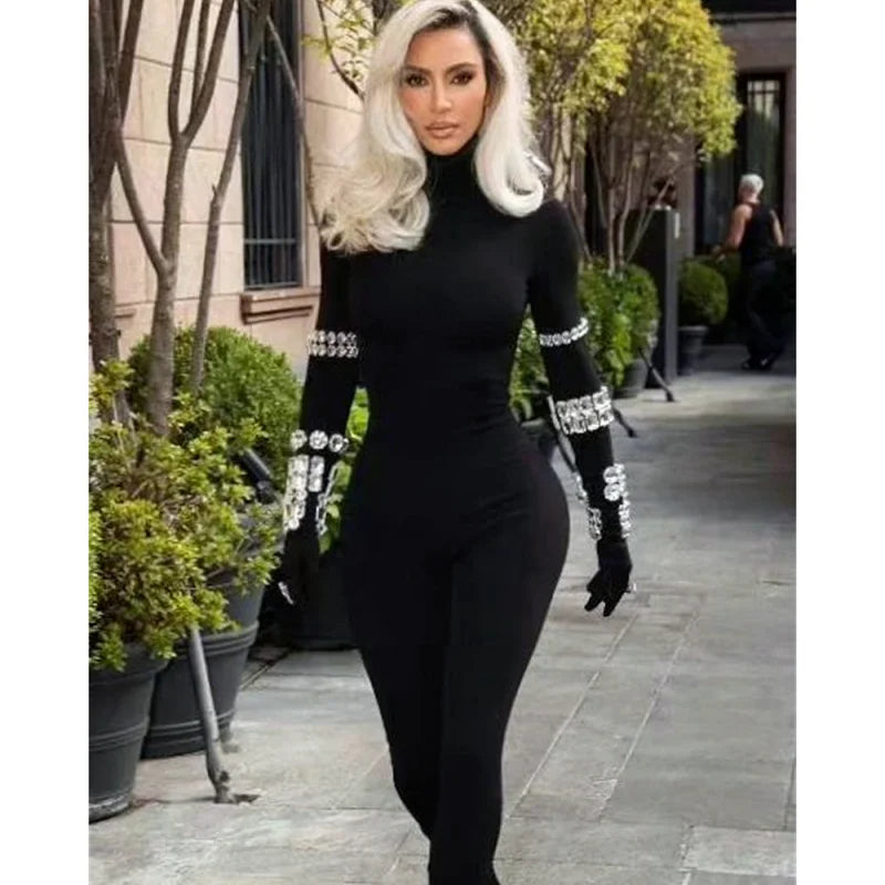 New Arrival Shining Diamonds Sleeve Black Bodycom Bandage Jumpsuit Fashion Woman Party Outfit Nightclub Performance Costume
