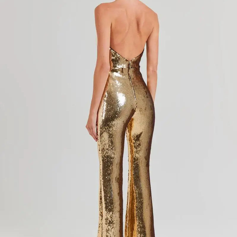 New Arrival Golden Sequins Stylish Flare Pants Halter Blackless Jumpsuit Woman Fashion Party Outfit Stage Performance Costume