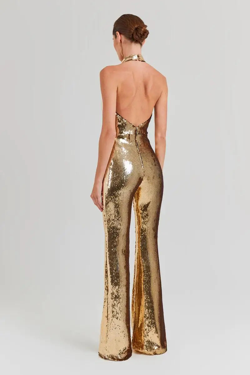 New Arrival Golden Sequins Stylish Flare Pants Halter Blackless Jumpsuit Woman Fashion Party Outfit Stage Performance Costume