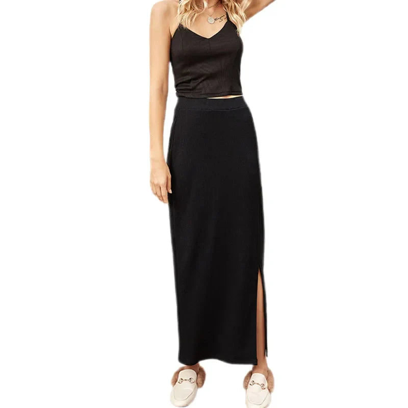 New Women Long Skirt Fashion Ladies Black High Waist Side Slit Maxi Skirts Bodycon Pencil Straight Stretch Club Party Wear Black