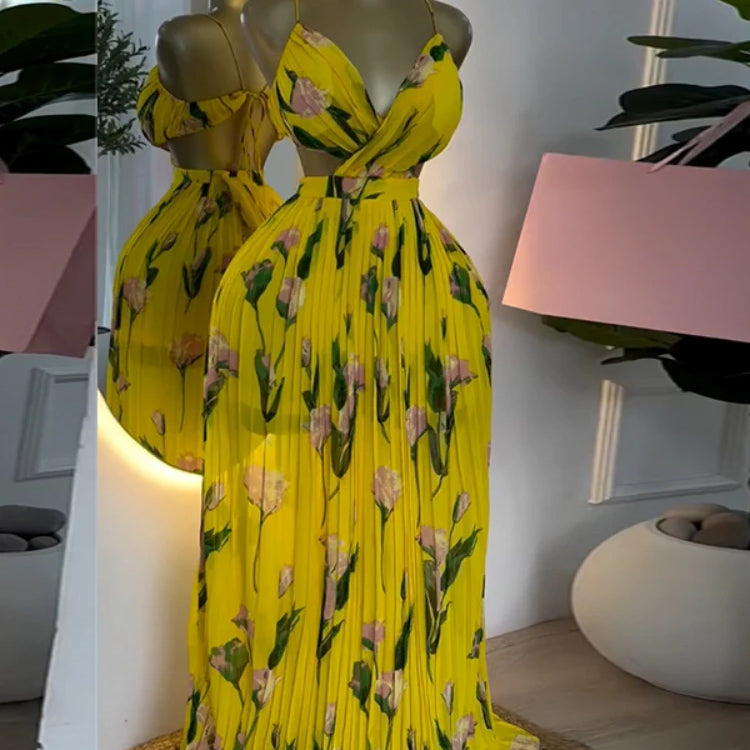 CM.YAYA Elegant Floral Print Sleeveless Sweet Strapless Floor-Length Long Women Dress Beach Party Birthday Sexy Pleated Dresses