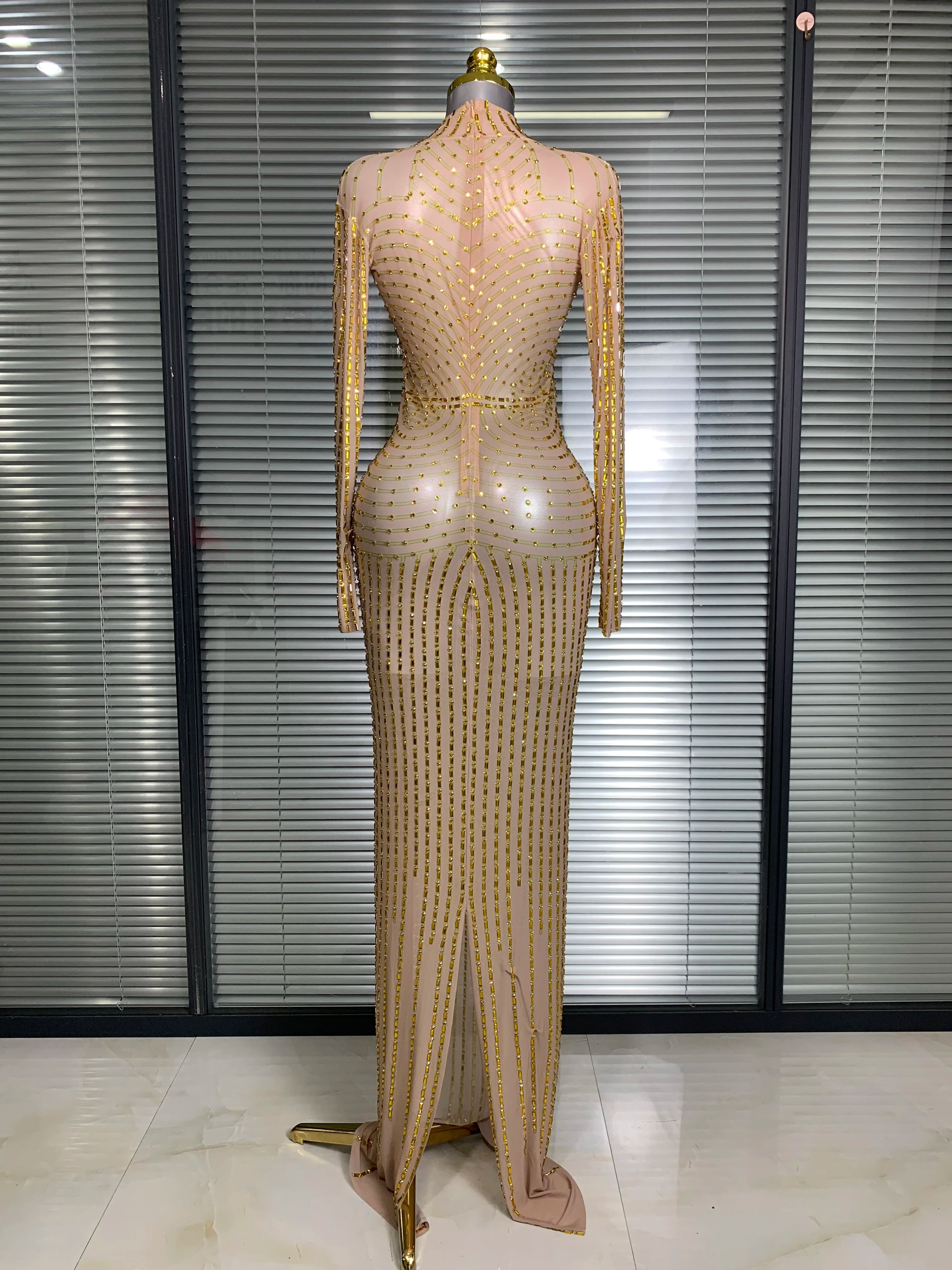 Women Sexy Long Sleeve Mesh Sequins Maxi Dress See Through Gold Silver Party Singer Party Costume Sheer Stage Performance Dress