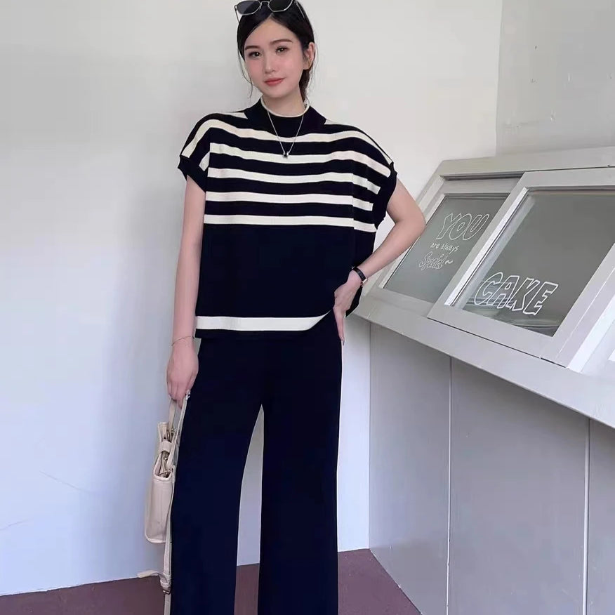 Spring Women Sweater Set Casual Pullovers Suits Winter Knitted Loose Striped Sleeveless Elegance Tops Wide Leg Pants Black