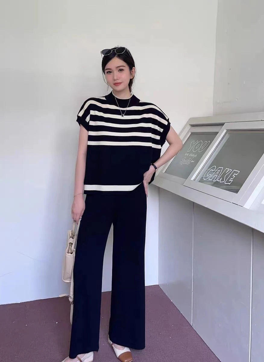 Spring Women Sweater Set Casual Pullovers Suits Winter Knitted Loose Striped Sleeveless Elegance Tops Wide Leg Pants Black