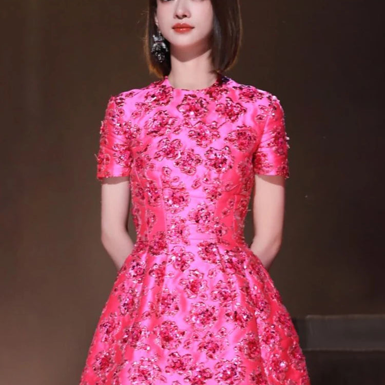 VC Elegant Dresses For Women Chic Beautiful Flower Jacquard Hot Pink Gowns Short Sleeve Mini Dresses Summer 2024