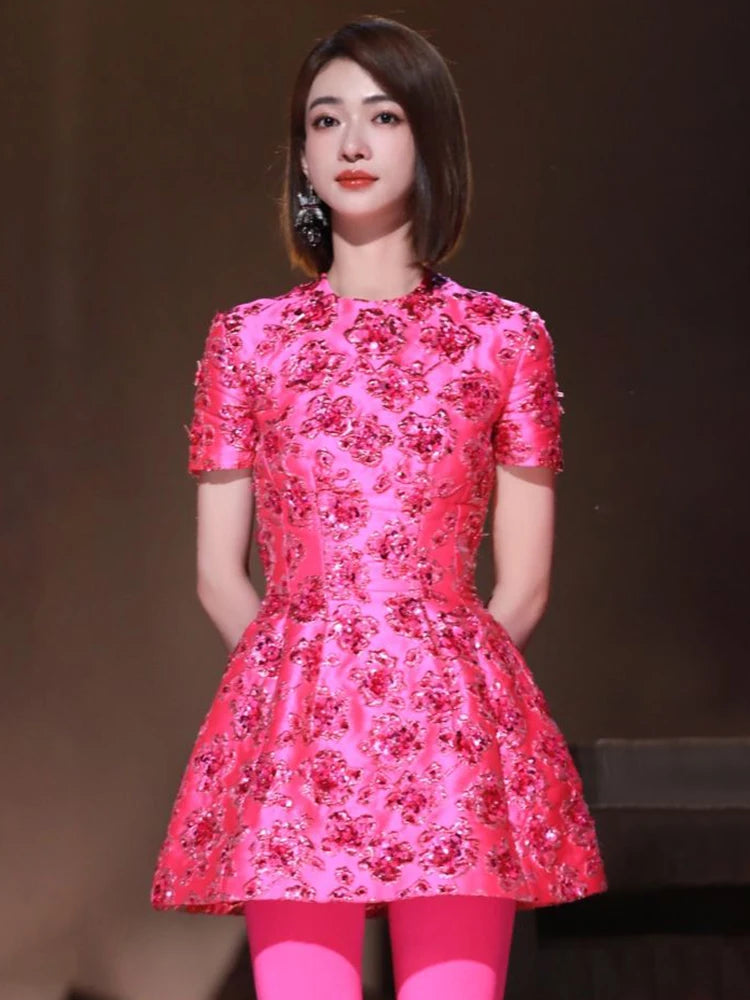 VC Elegant Dresses For Women Chic Beautiful Flower Jacquard Hot Pink Gowns Short Sleeve Mini Dresses Summer 2024