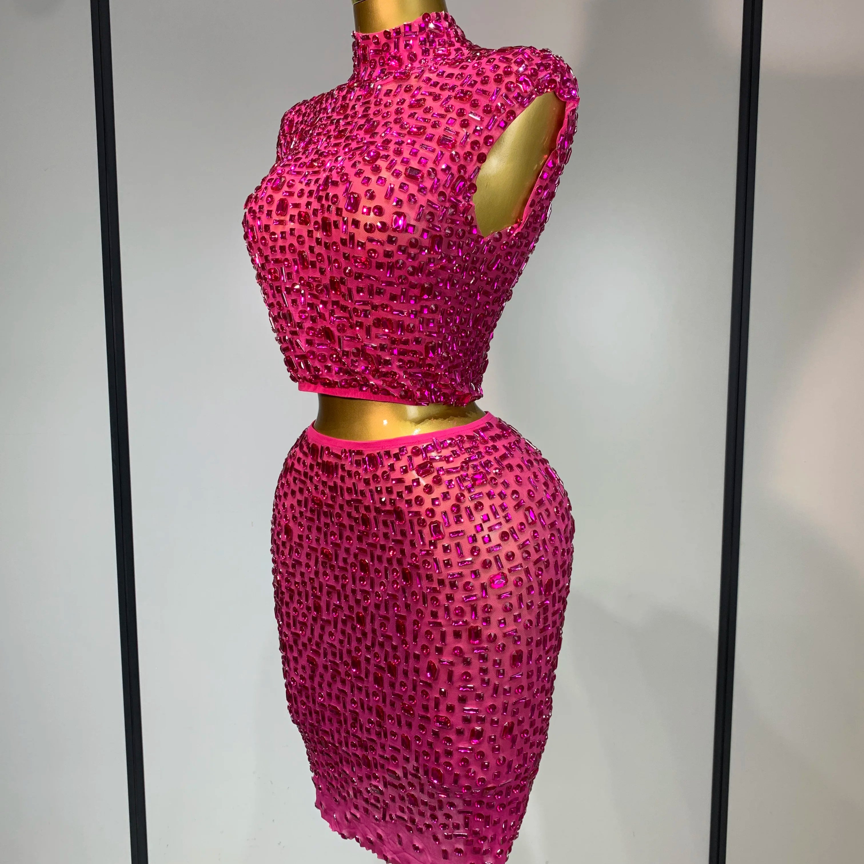 Sexy Sparkly Crystal Diamonds Mesh See Through Two Piece Set Women Elegant Evening Party Costume Singer Stage Performance Outfit