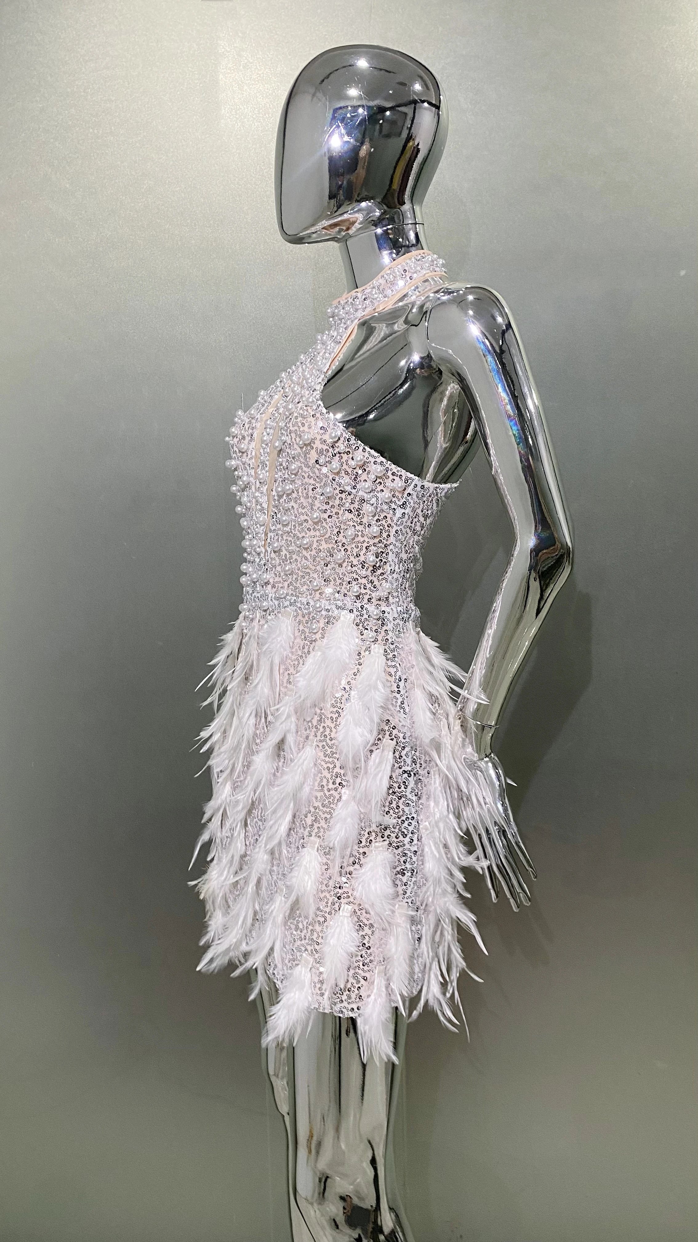 High Quality Gorgeous Feathers Beading High Slit Strapless Long Dress Woman Evening Dress Celebrity Birthday Party Outfit