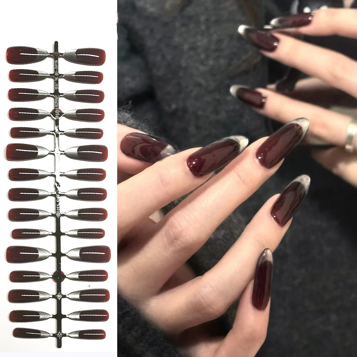 Brown Long Almond Fake Nails 30Pcs Silver French Press On Nails Autumn Glossy/Frosted Wearable False Nails Charm Nails Art