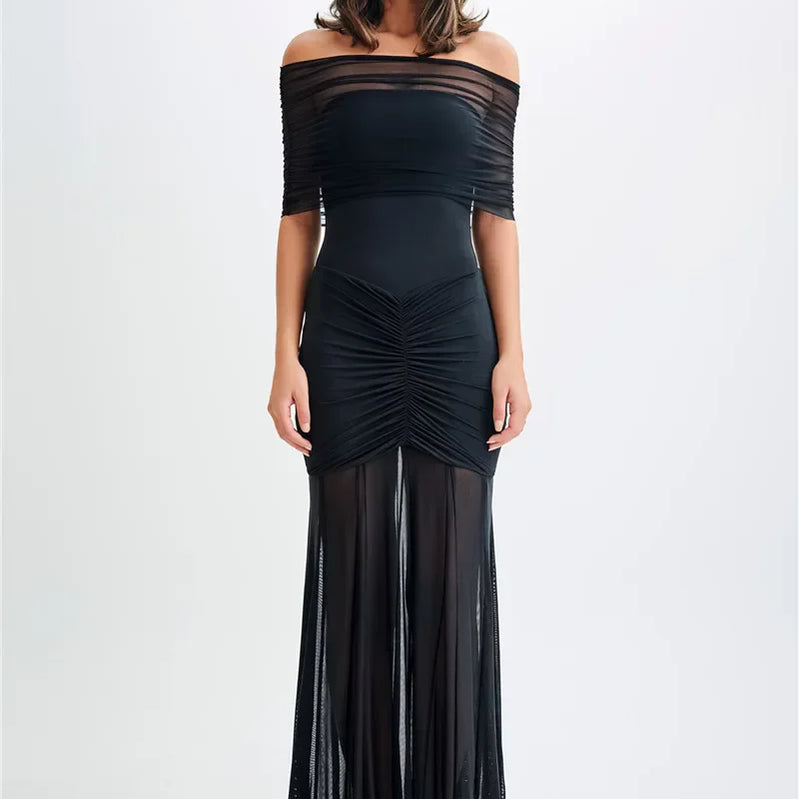 Mesh Strapless Off-shoulder Sexy Ruffled Mini Dress For Women Fashion Backless High Waist Female Ruched Party Dress